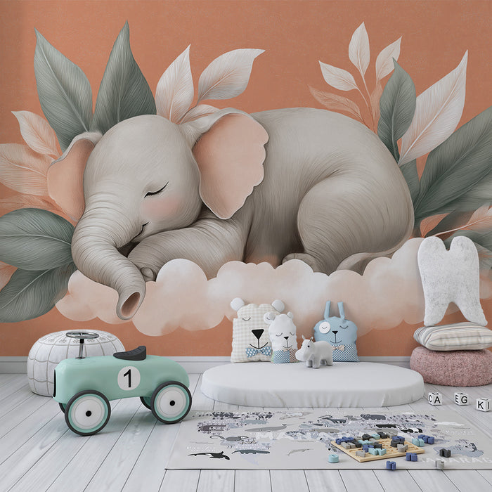 Nursery room wallpaper | Álmos elefánt puha növényzet között