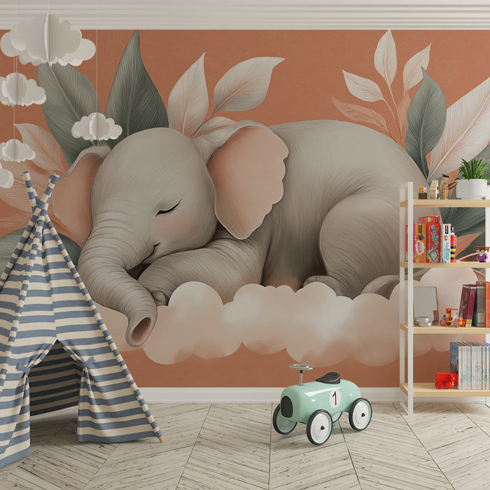 Nursery room wallpaper | Álmos elefánt puha növényzet között