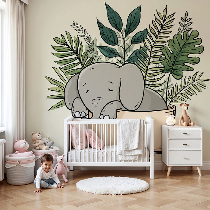 Tapeta dětského pokoje | Usnutý slon obklopený tropickým listím