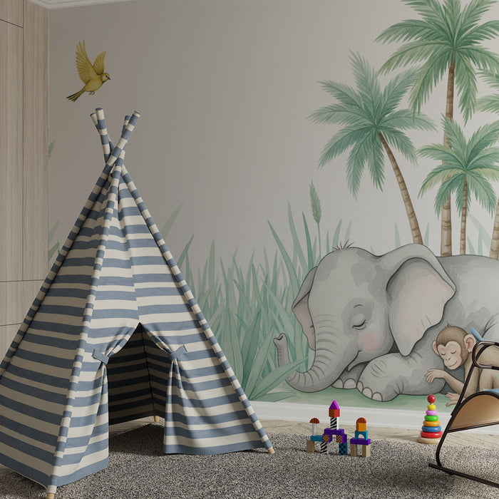 Børneværelse tapet | Søvende elefant og abe i beroligende tropisk indretning