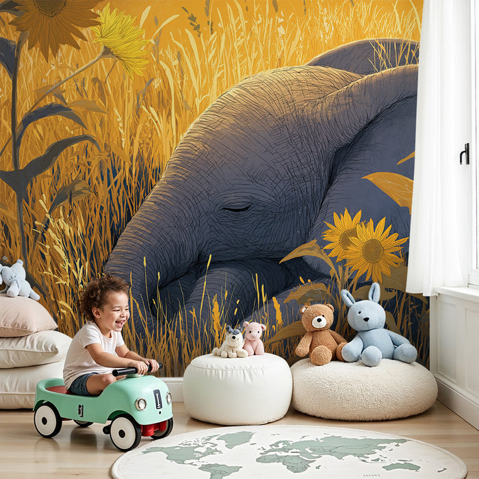 Papel de parede quarto bebê | Elefante adormecido entre girassóis dourados