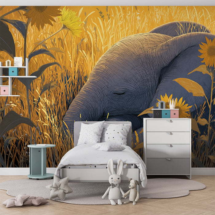 Papel de parede quarto bebê | Elefante adormecido entre girassóis dourados