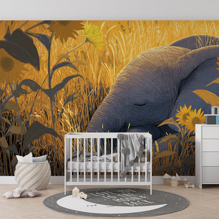Papel de parede quarto bebê | Elefante adormecido entre girassóis dourados