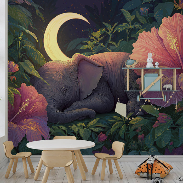 Papel de perete cameră bebeluși | Elefant adormit sub lună înconjurat de flori de hibiscus