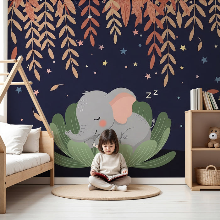 Børneværelse tapet | Sovende elefant under stjernerne