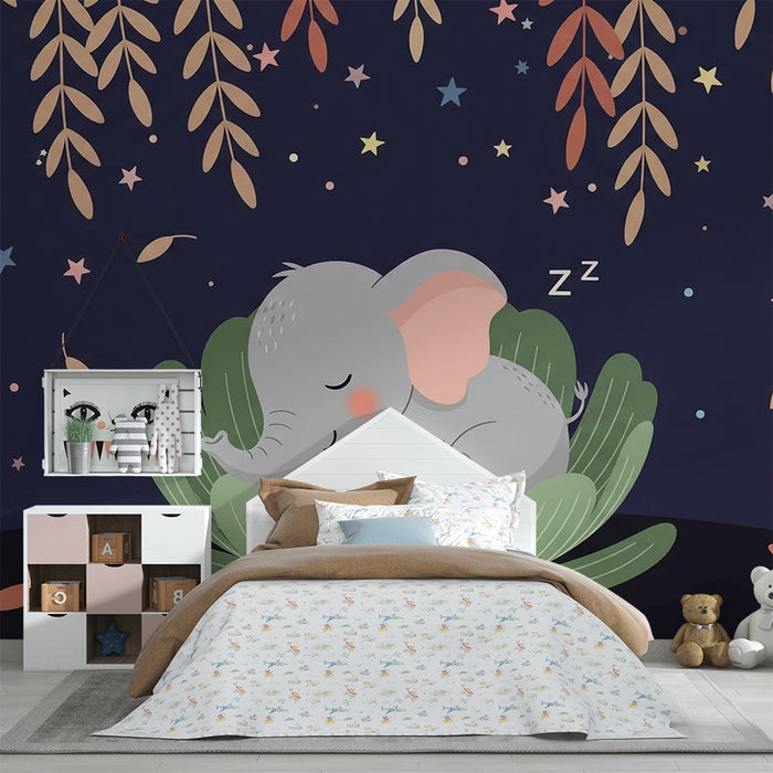 Børneværelse tapet | Sovende elefant under stjernerne