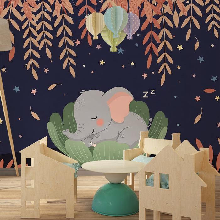Børneværelse tapet | Sovende elefant under stjernerne