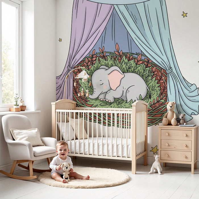 Papier de parede soba za bebe | Sanjivi slon ispod zvijezda na bijeloj pozadini