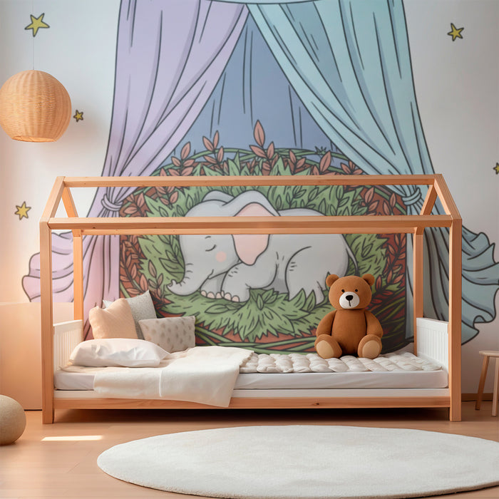 Papier de parede soba za bebe | Sanjivi slon ispod zvijezda na bijeloj pozadini