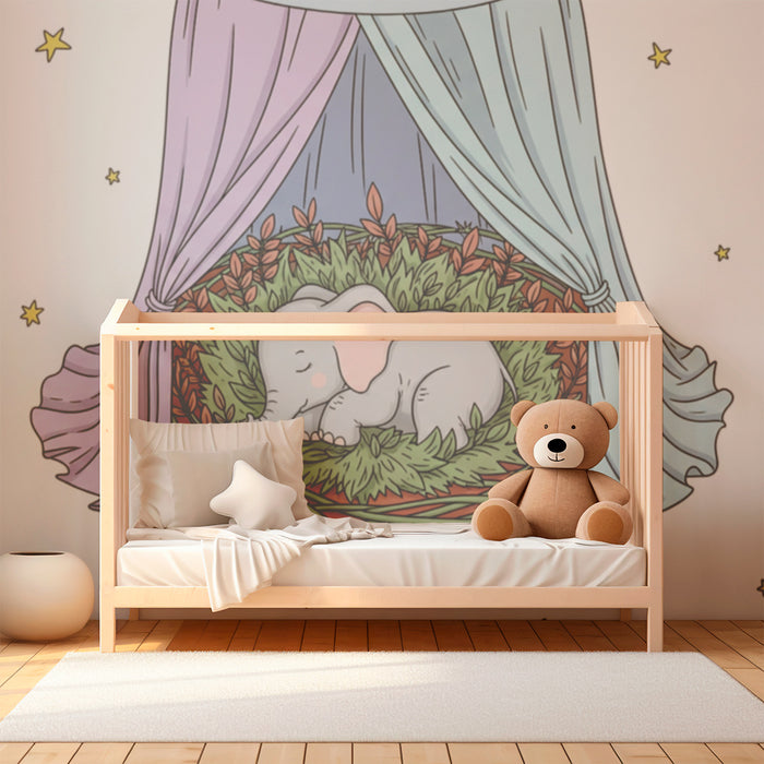 Papier de parede soba za bebe | Sanjivi slon ispod zvijezda na bijeloj pozadini