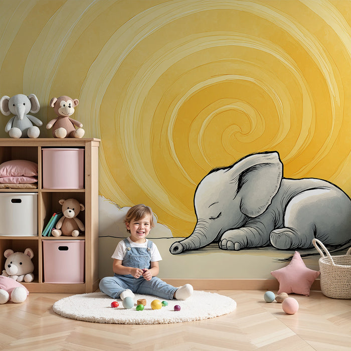 Børneværelse tapet | Sovende elefant under en solrig himmel