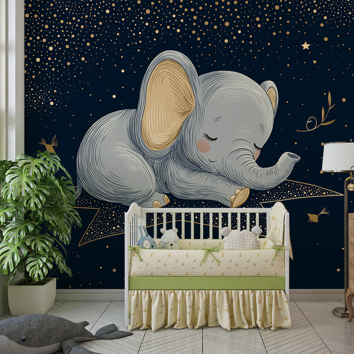 Carta da parati bambini | Elefante addormentato sotto un cielo stellato dorato