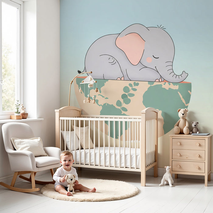 Carta da parati bambini | Elefante addormentato sul globo terracqueo