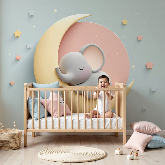 Papier peint chambre bébé | Éléphant endormi sur un croissant de lune avec des étoiles pastel
