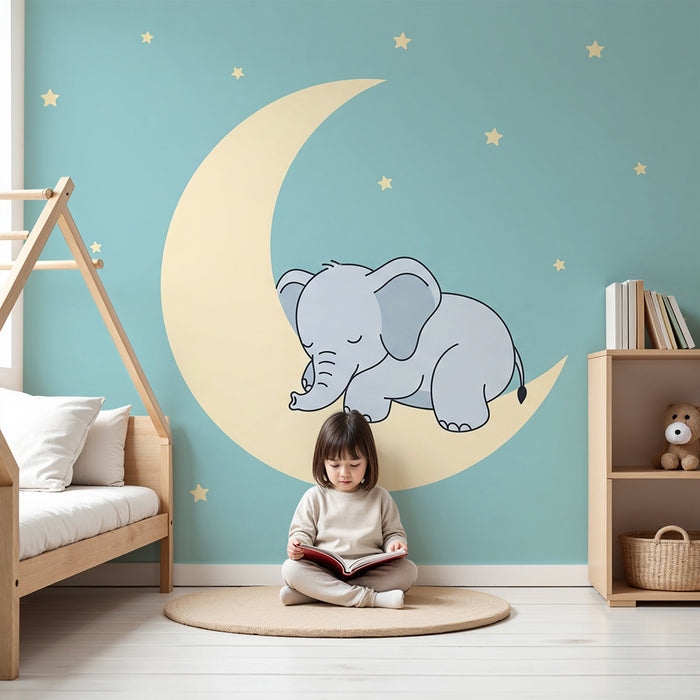 Barntapet | Sovande elefant på en månskära och blå bakgrund