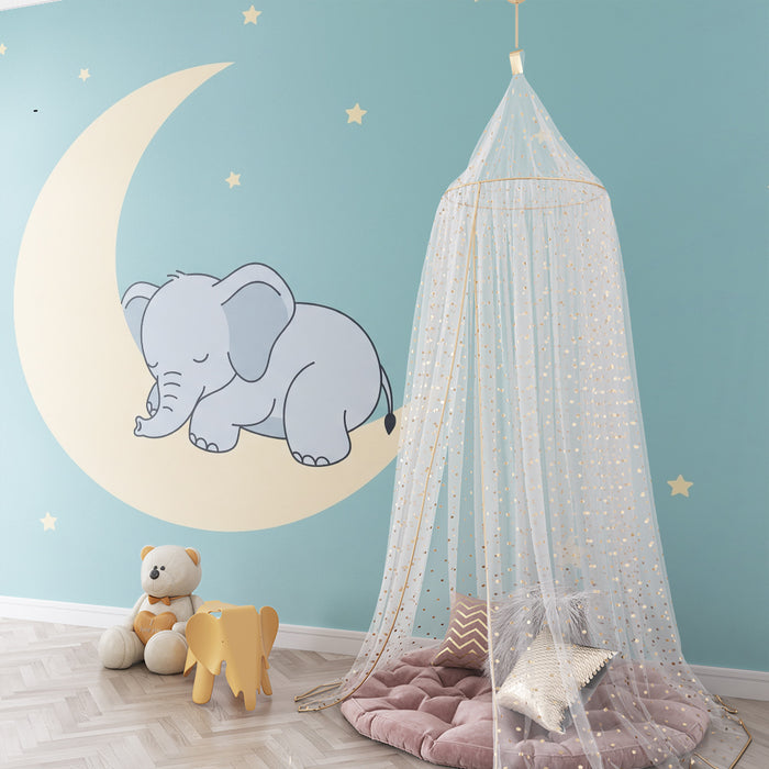 Barntapet | Sovande elefant på en månskära och blå bakgrund