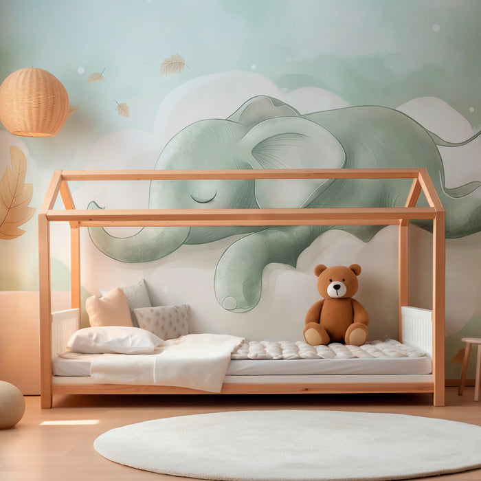 Babykamer behang | Slapende olifant op een wolk