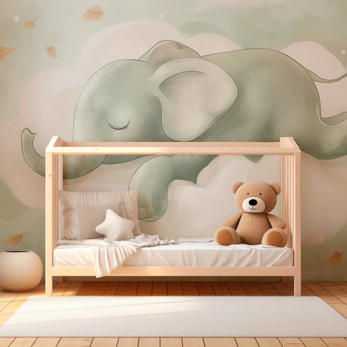 Babykamer behang | Slapende olifant op een wolk