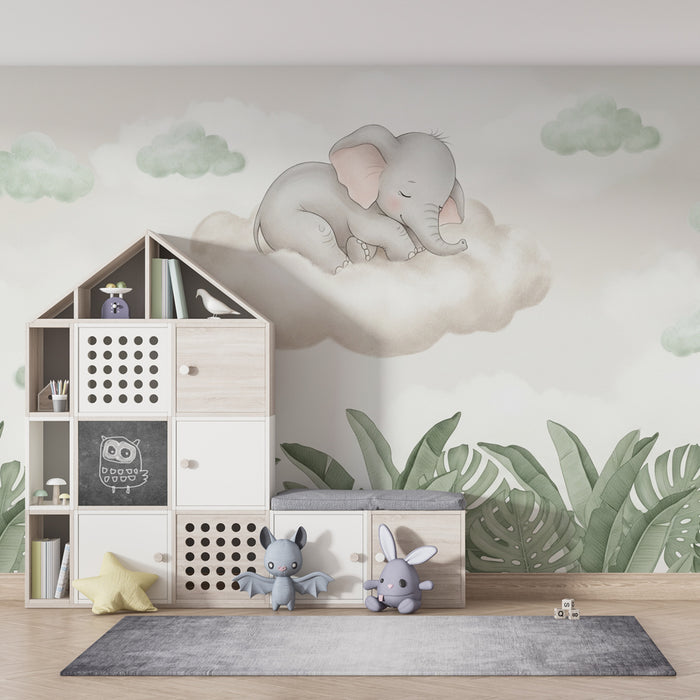 Babykamer behang | Slapende olifant op een wolk