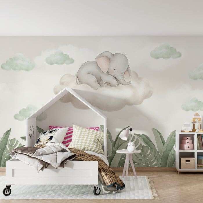 Babykamer behang | Slapende olifant op een wolk