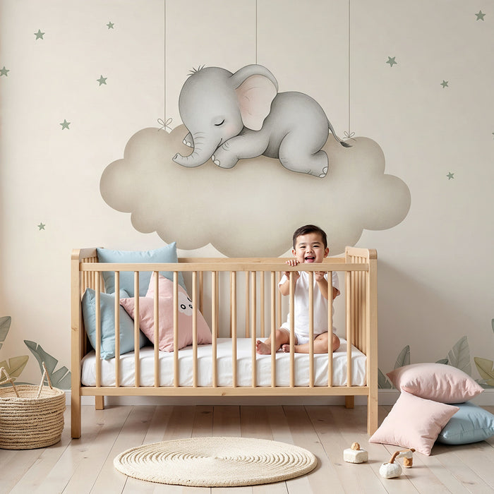 Papier de parede quarto bebê | Usnutý slon na oblaku