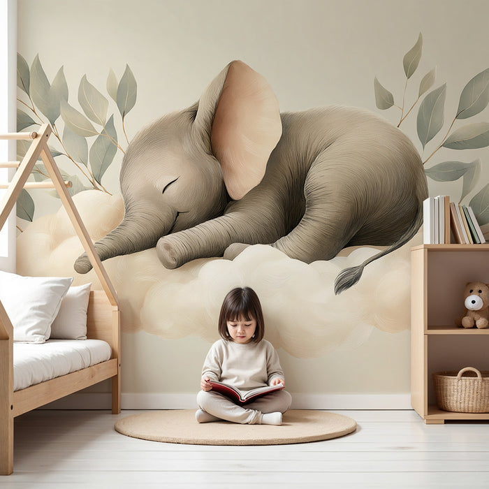 Papier peint chambre bébé | Éléphant endormi sur un nuage avec feuillage délicat