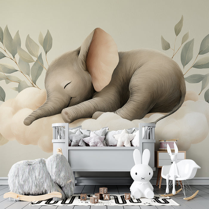 Papier peint chambre bébé | Éléphant endormi sur un nuage avec feuillage délicat