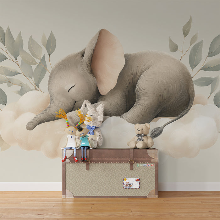 Papier peint chambre bébé | Éléphant endormi sur un nuage avec feuillage délicat