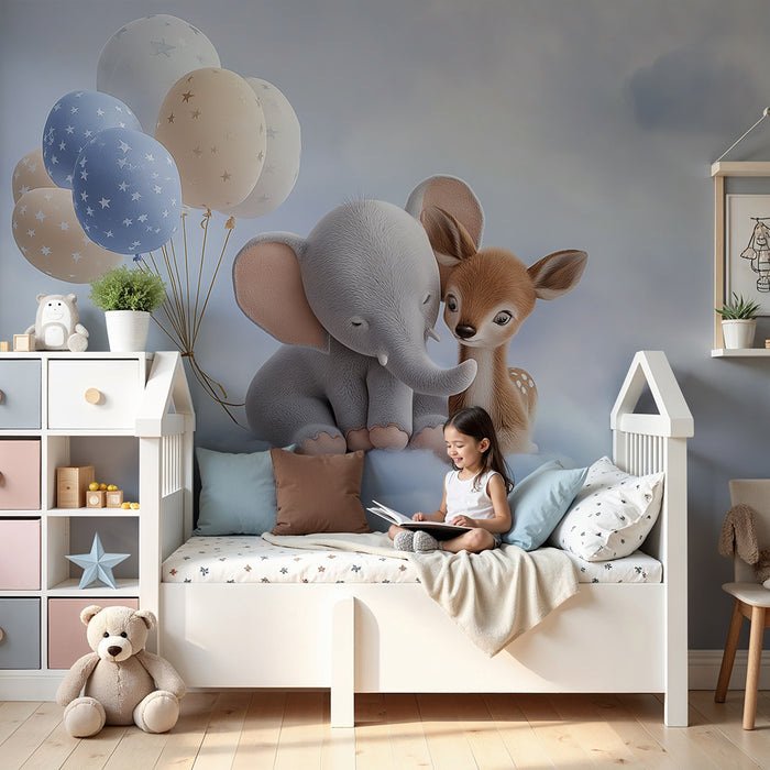 Carta da parati bambini | Elefante e cucciolo su una nuvola con palloncini