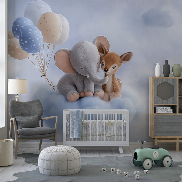 Carta da parati bambini | Elefante e cucciolo su una nuvola con palloncini