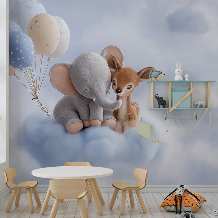 Carta da parati bambini | Elefante e cucciolo su una nuvola con palloncini