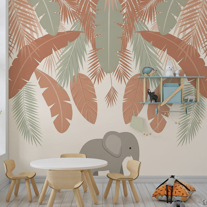 Papel de parede quarto bebê | Elefante e folhagem tropical