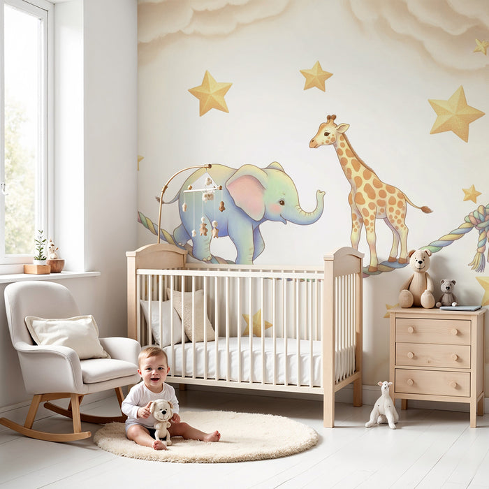 Papel de parede quarto bebê | Elefante e girafa nas nuvens estreladas