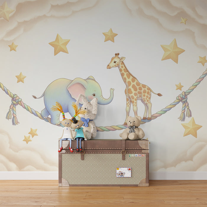 Papel de parede quarto bebê | Elefante e girafa nas nuvens estreladas