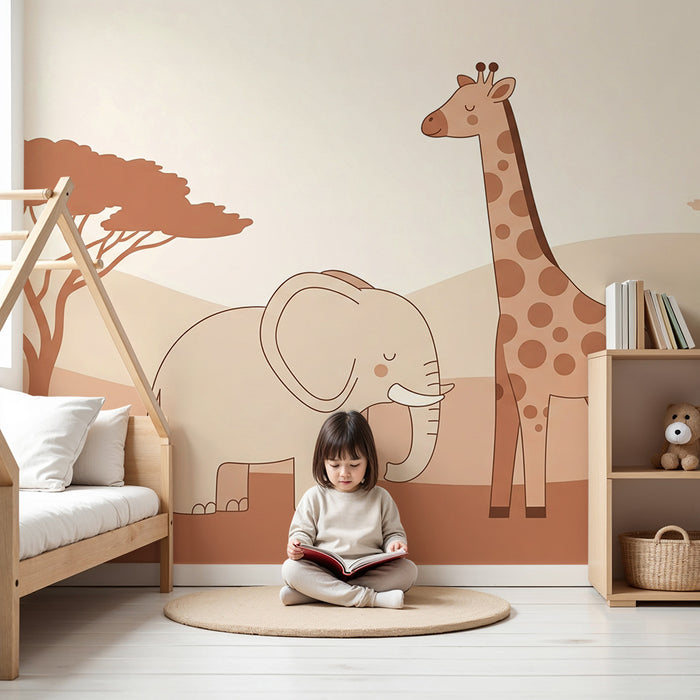 Papier peint chambre bébé | Éléphant et girafe dans un paysage doux