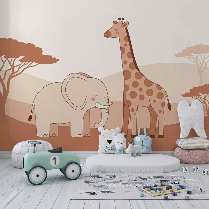 Papier peint chambre bébé | Éléphant et girafe dans un paysage doux