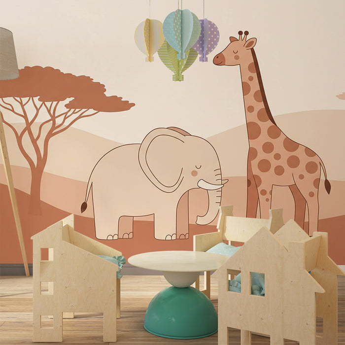 Papier peint chambre bébé | Éléphant et girafe dans un paysage doux