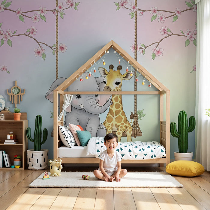 Papel de parede quarto bebê | Elefante e girafa num baloiço