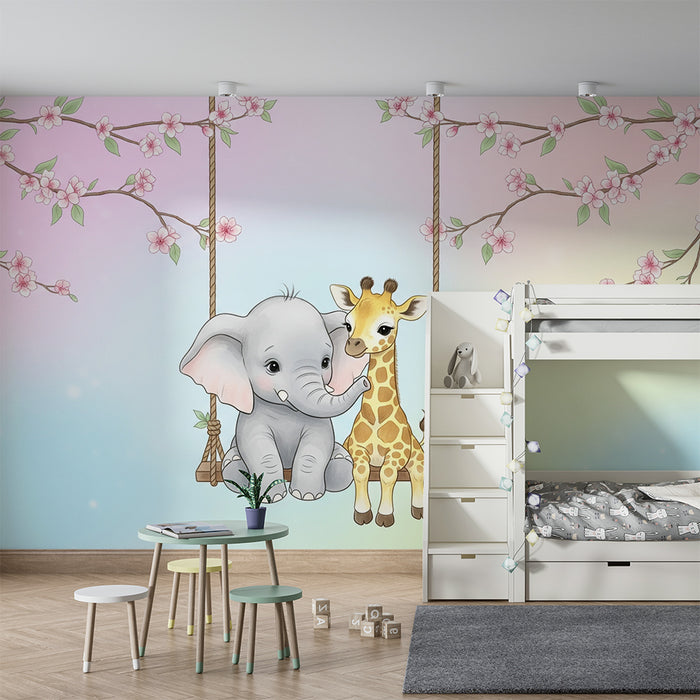 Papel de parede quarto bebê | Elefante e girafa num baloiço