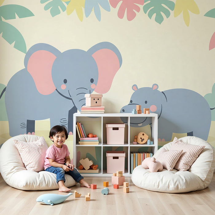 Barntapet | Elefant och flodhäst i en tropisk miljö