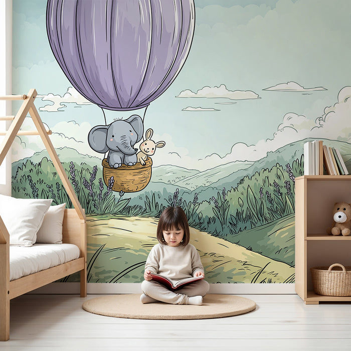Paberi tapeet beebi tuba | Elevant ja jänes õhupallis mägede kohal