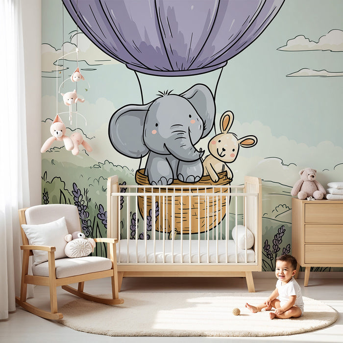 Babyzimmer Tapete | Elefant und Hase in einem Heißluftballon über den Hügeln