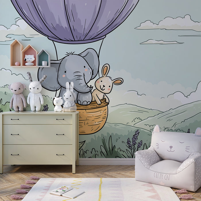 Babyzimmer Tapete | Elefant und Hase in einem Heißluftballon über den Hügeln