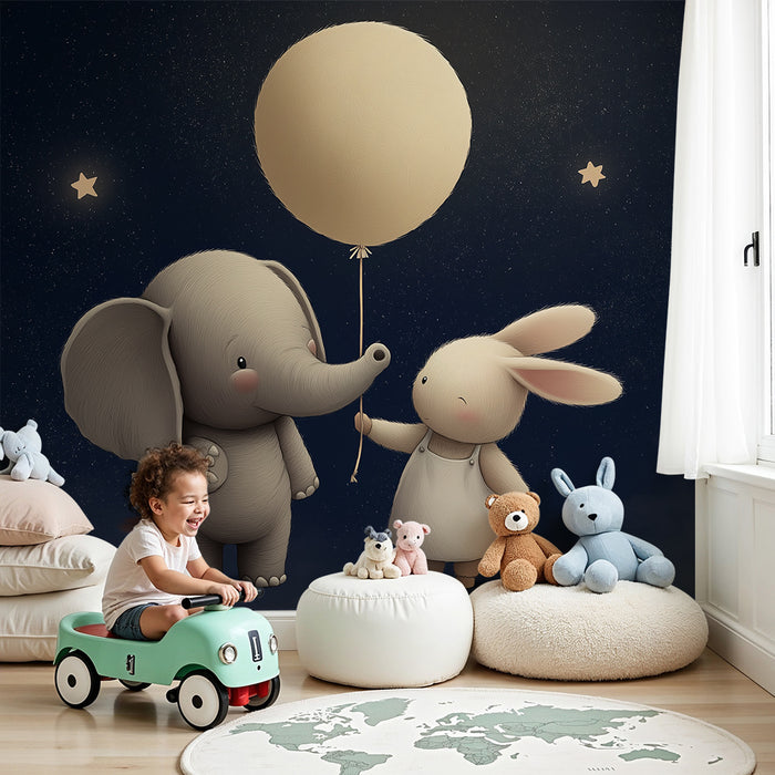 Carta da parati bambini | Elefante e coniglio sotto le stelle con un palloncino