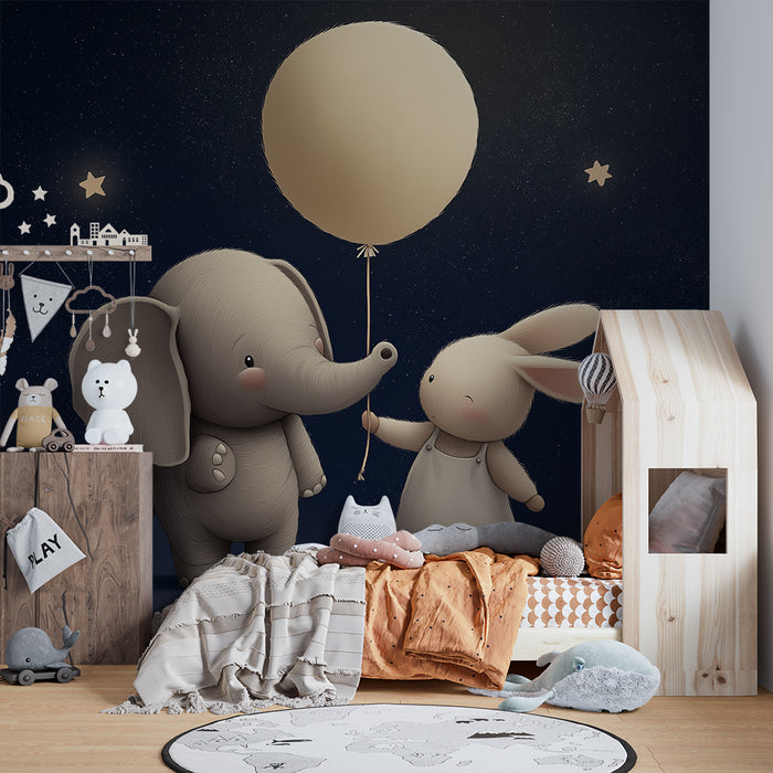 Carta da parati bambini | Elefante e coniglio sotto le stelle con un palloncino