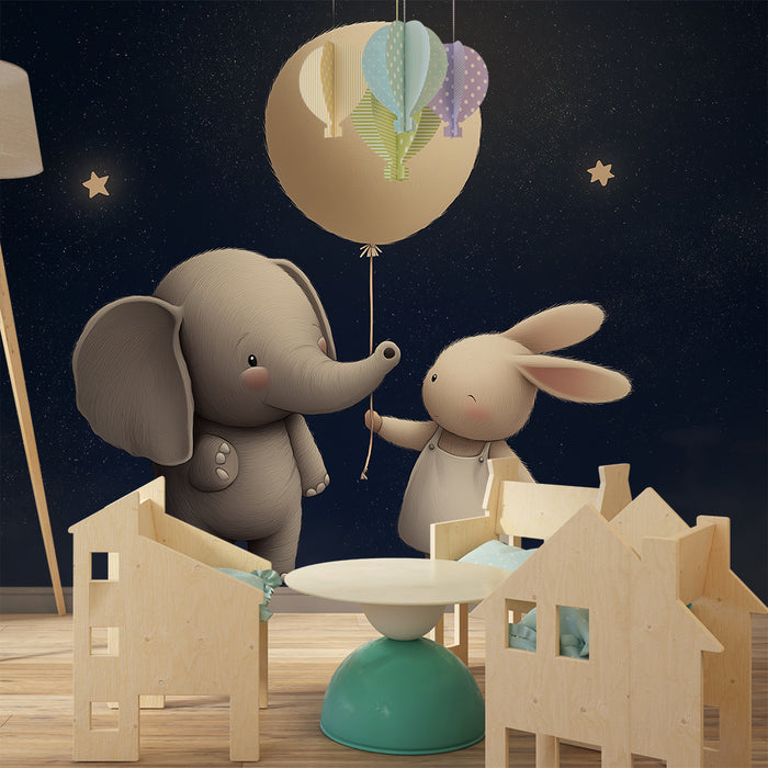Carta da parati bambini | Elefante e coniglio sotto le stelle con un palloncino