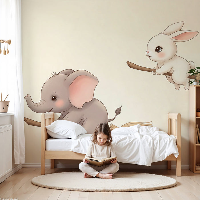 Papel de parede quarto bebê | Elefante e coelho em vassouras encantadas