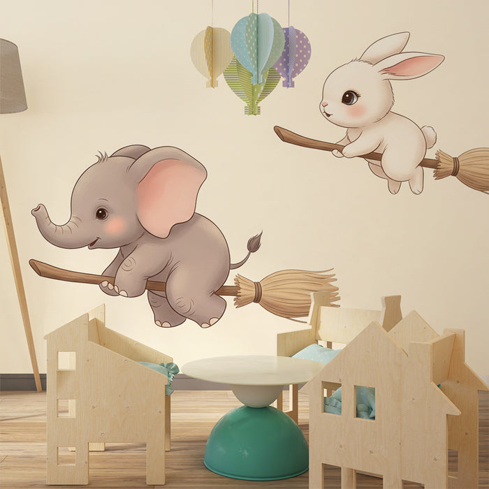 Papel de parede quarto bebê | Elefante e coelho em vassouras encantadas