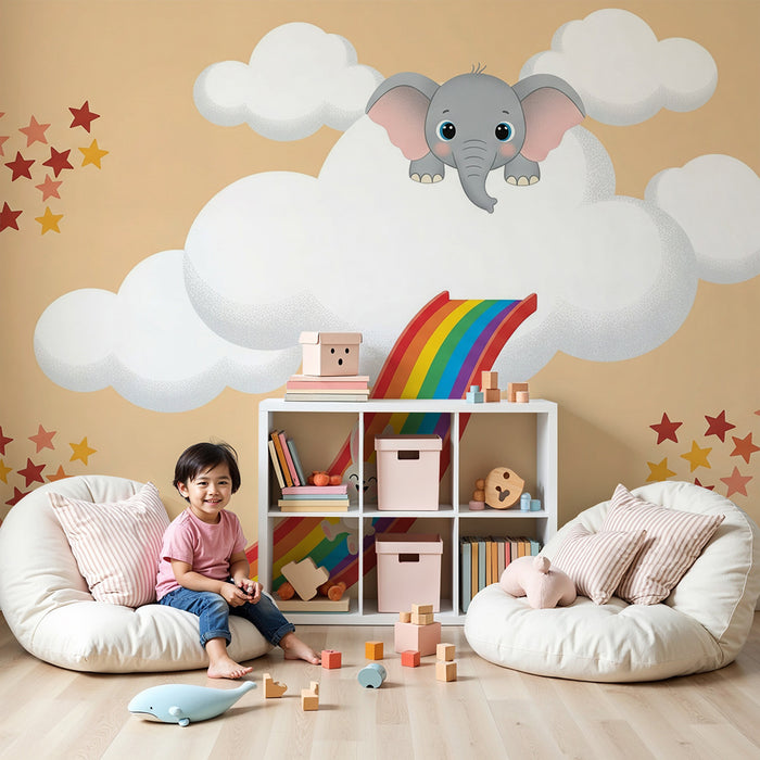 Papel de parede para quarto de bebé | Elefante e coelho num escorrega arco-íris nas nuvens
