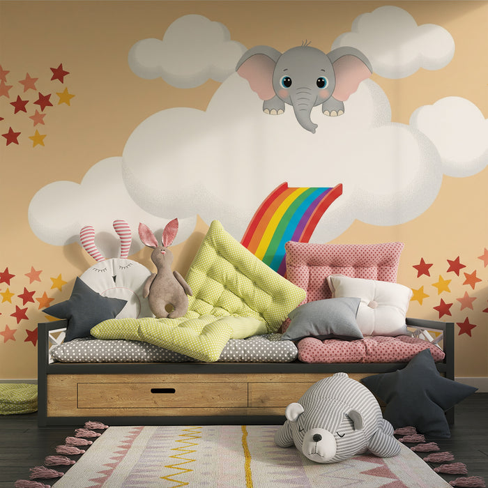 Papel de parede para quarto de bebé | Elefante e coelho num escorrega arco-íris nas nuvens